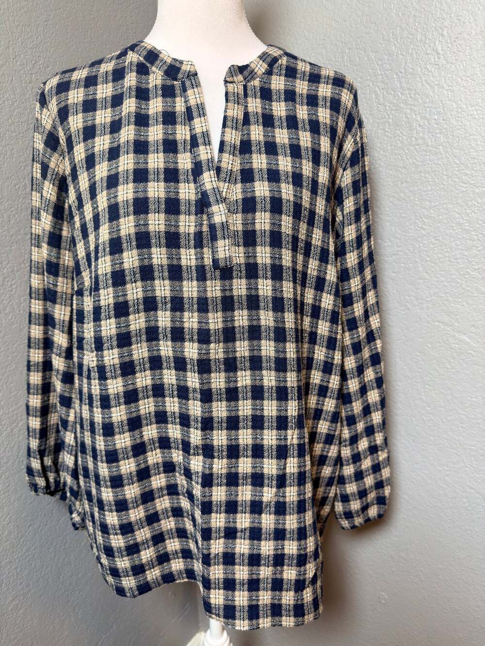 NWT Felina Plaid Knit Pullover Top XXL Navy Cream Check Long Sleeve